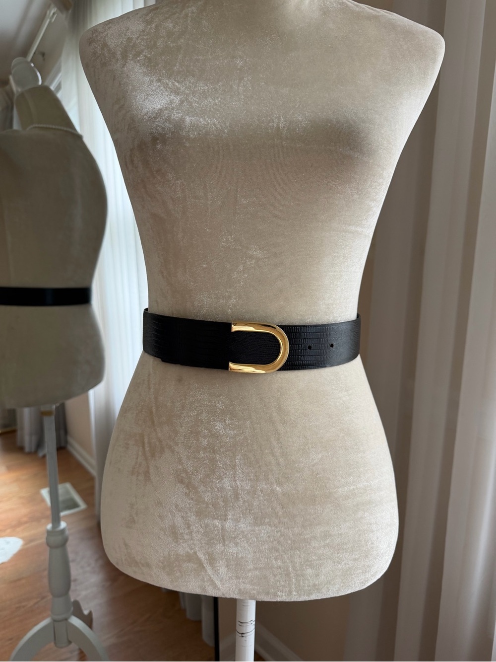 Cipriani Vintage Black Lizard Grain Leather Belt with Gold D-Ring Buckle Size S